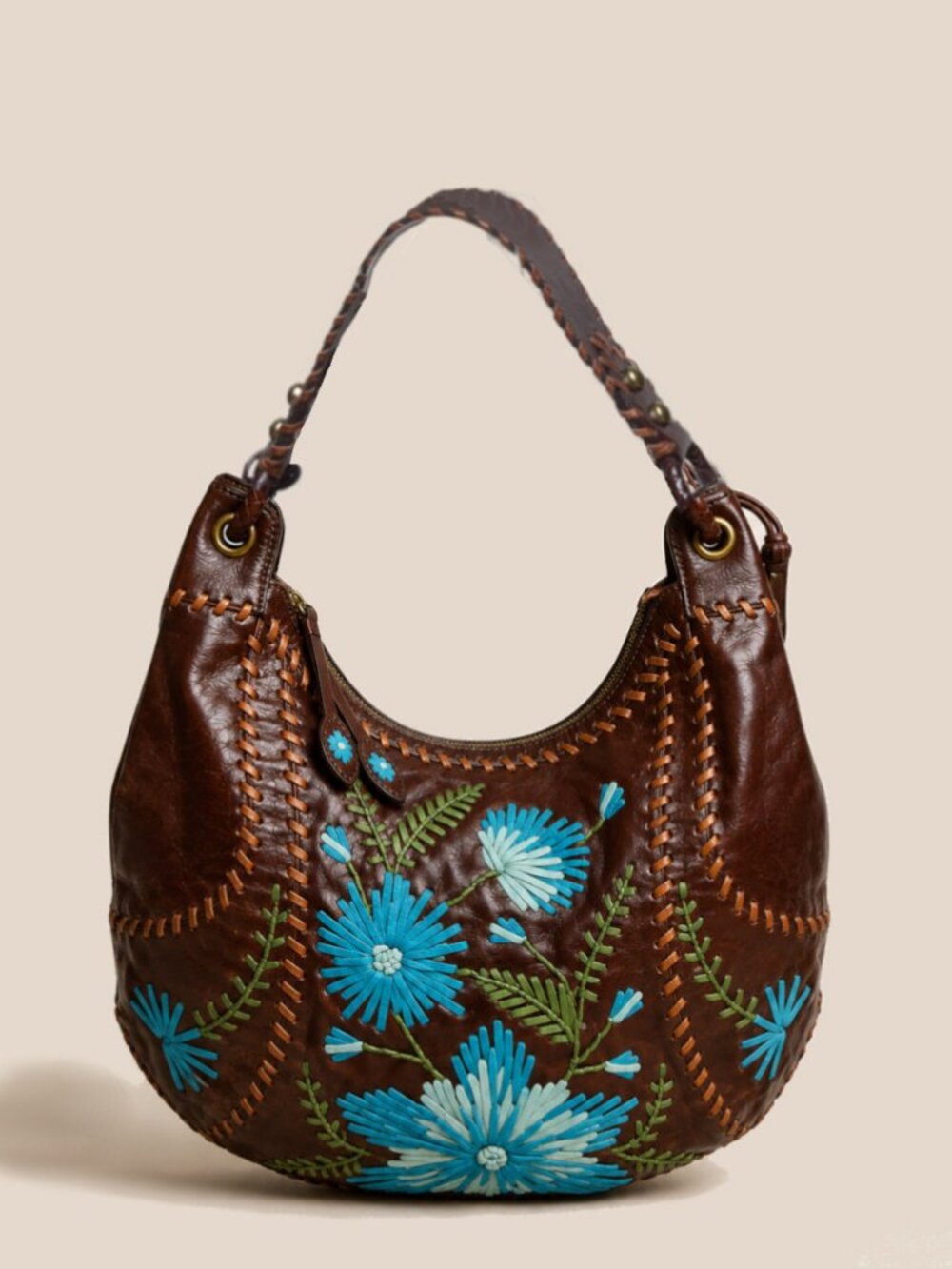 Isabella Fiore Vintage Y2K Floral Applique Whipstitch Leather Hobo Bag